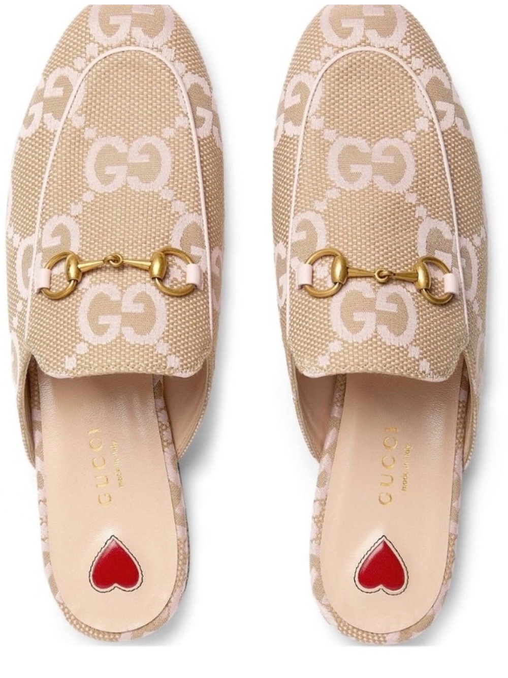 Gucci Beige & Pink GG Canvas Horsebit Backless Loafers NWT